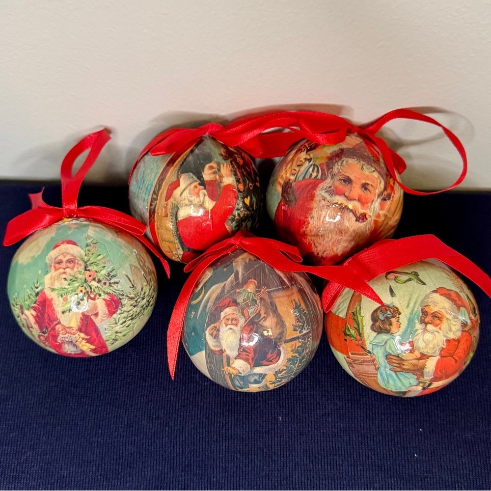 Five (5) Vintage Victorian Hand-Crafted Santa Ornaments with Red Ribbon